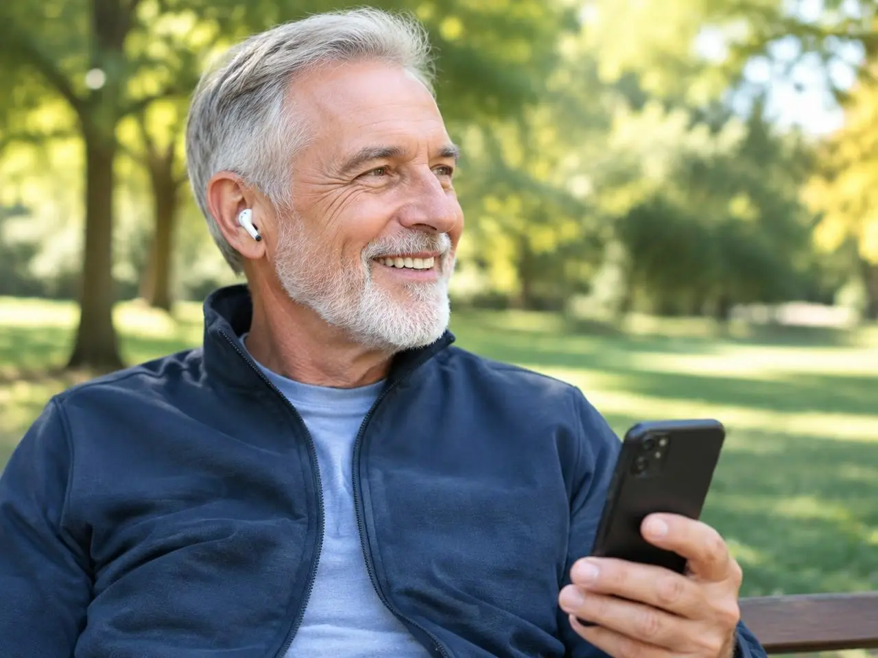 Mann im Park mit Smartphone und Hörer im Ohr