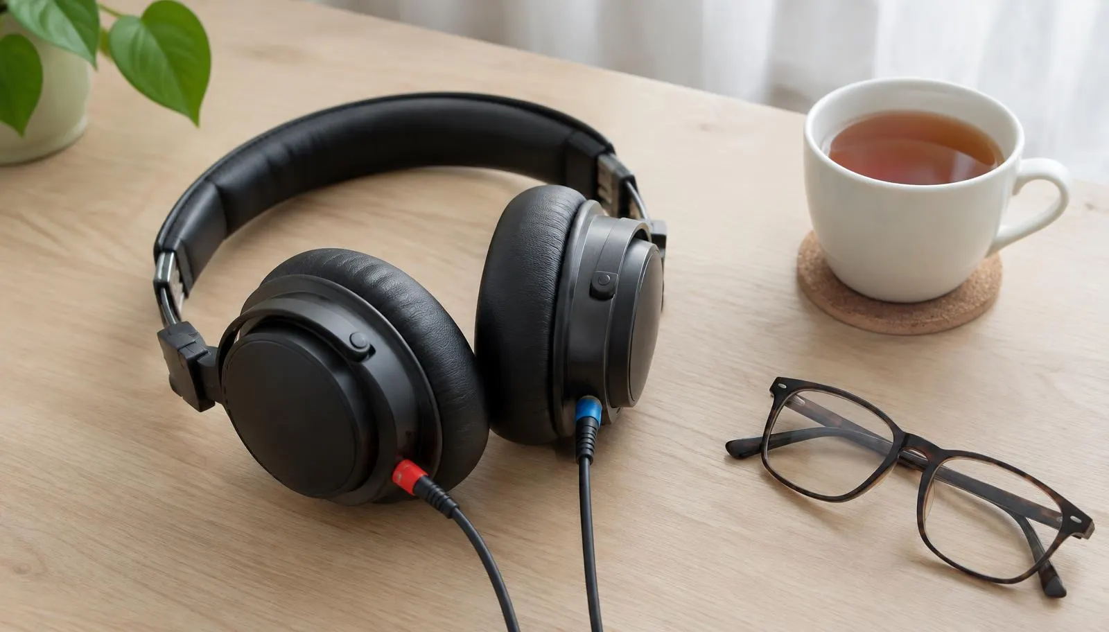 Kopfhörer, Lesebrille und eine Tasse Tee auf einem Holztisch