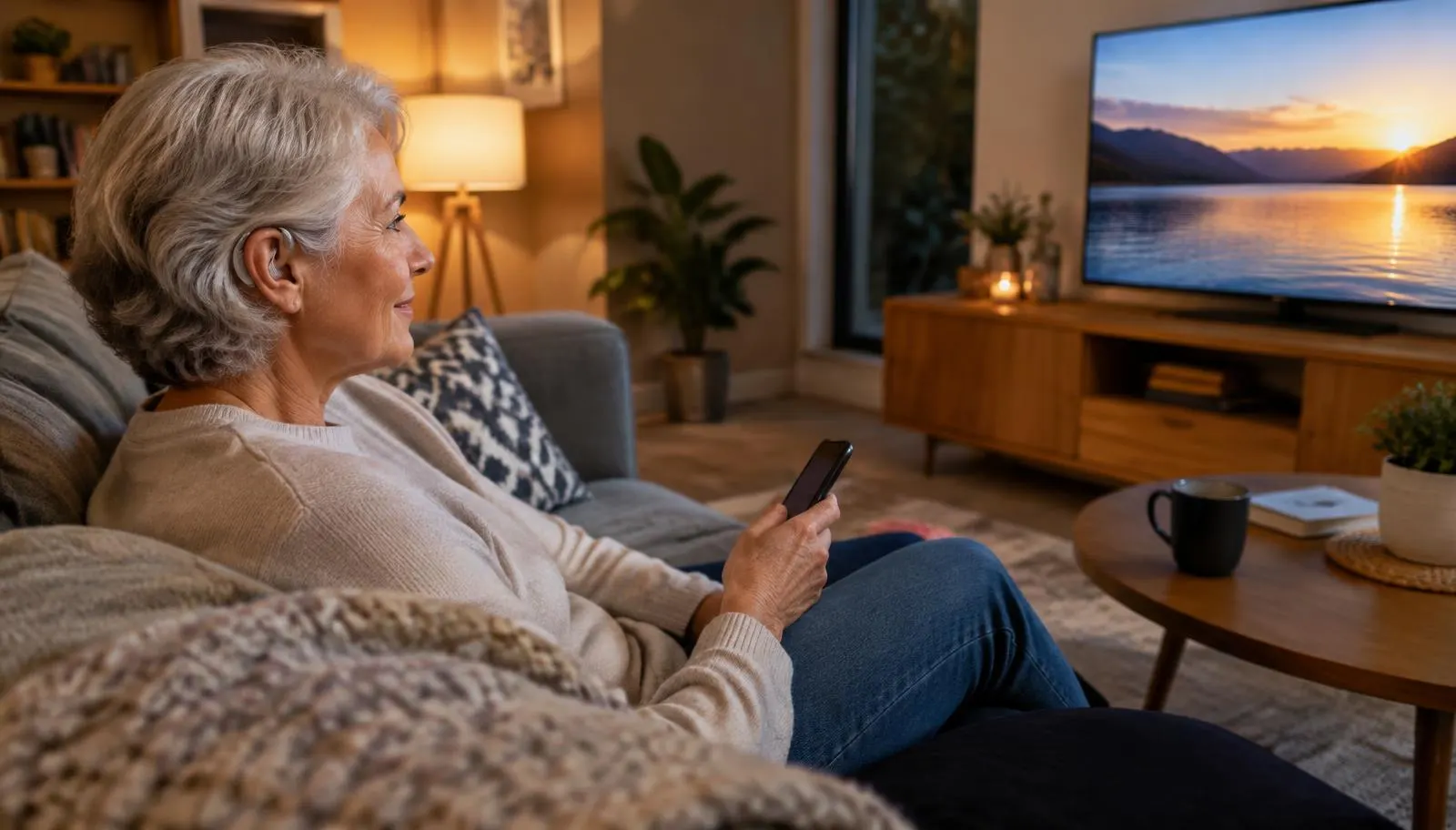 Ältere Frau mit Hörgerät sieht entspannt auf dem Sofa fern, Smartphone in der Hand