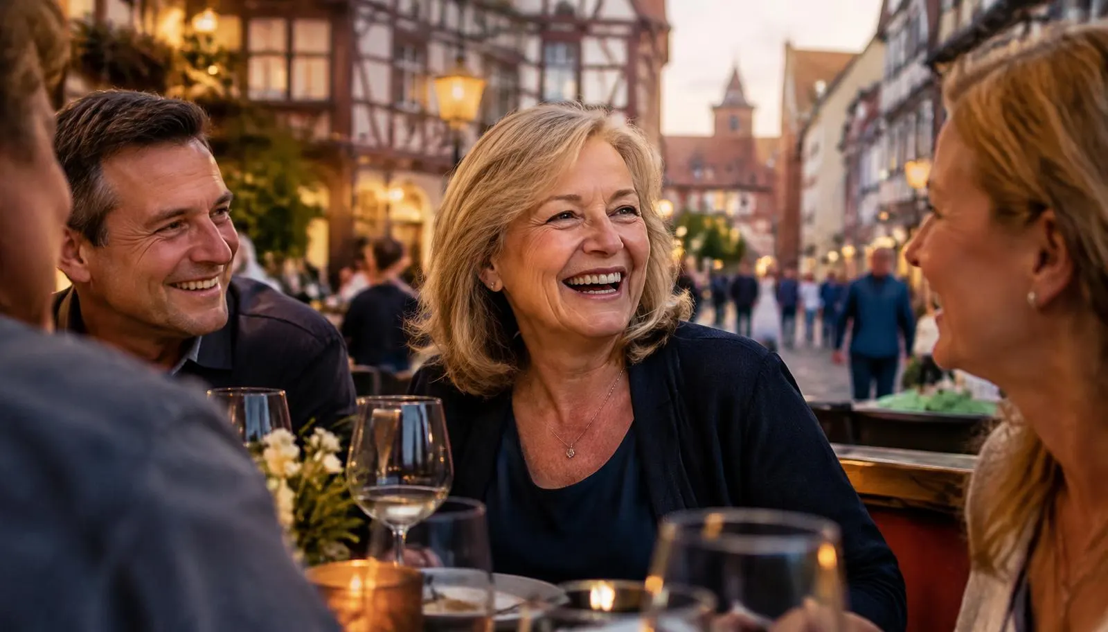 Frau lacht mit Freunden an einem Tisch in der Altstadt